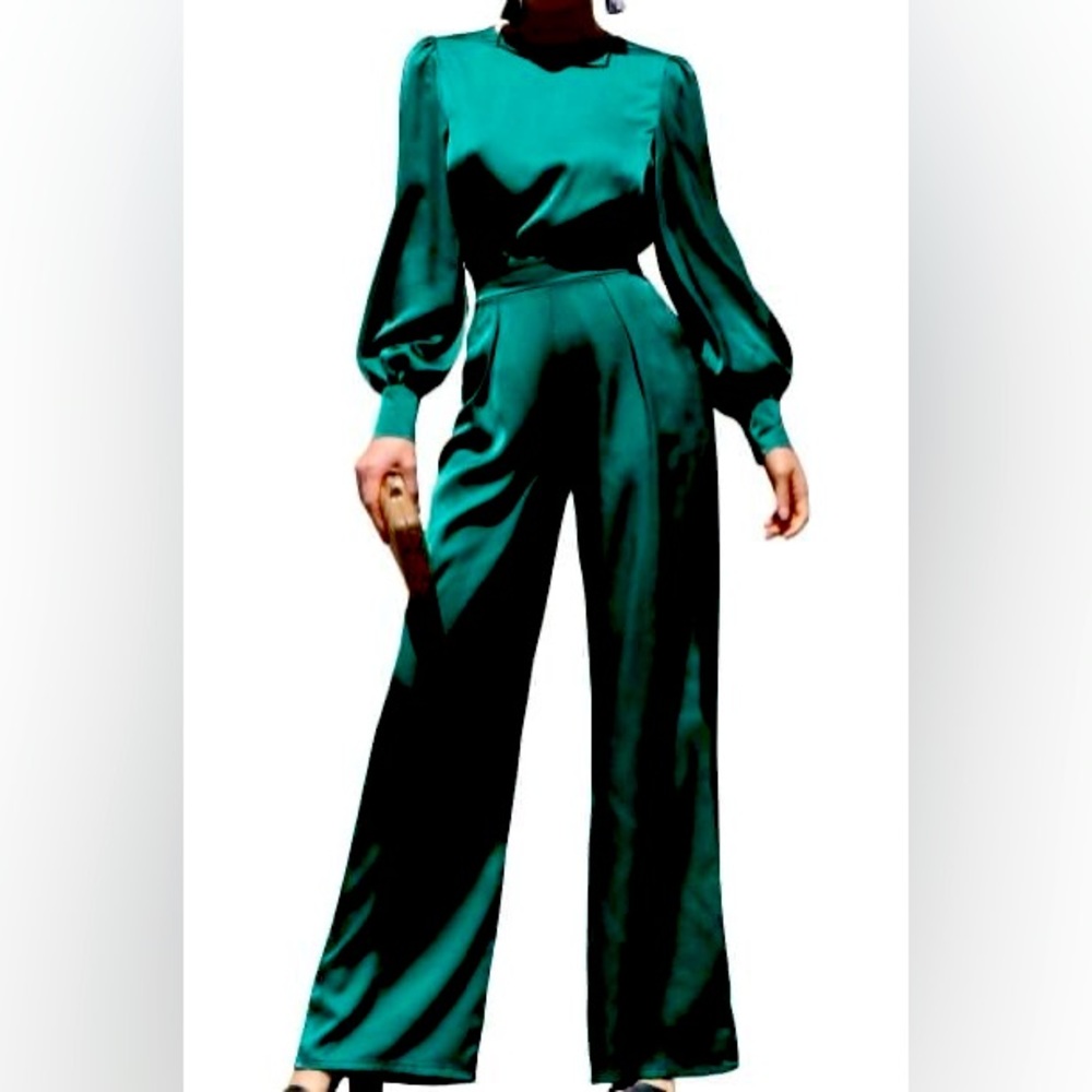 Green satin jumpsuit romper